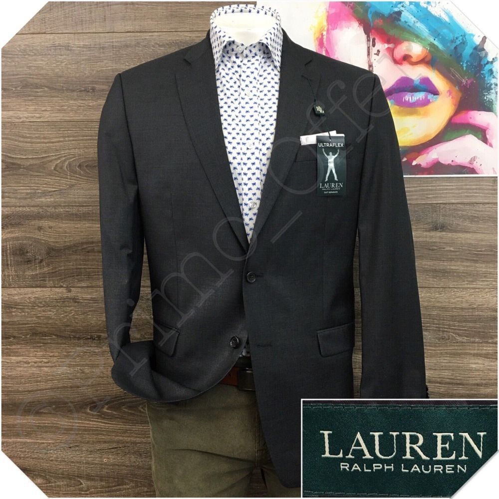 NEW! RALPH LAUREN Mens Blazer Sport Coat Casual Jacket Size 44L‎ Grey Wool Suit